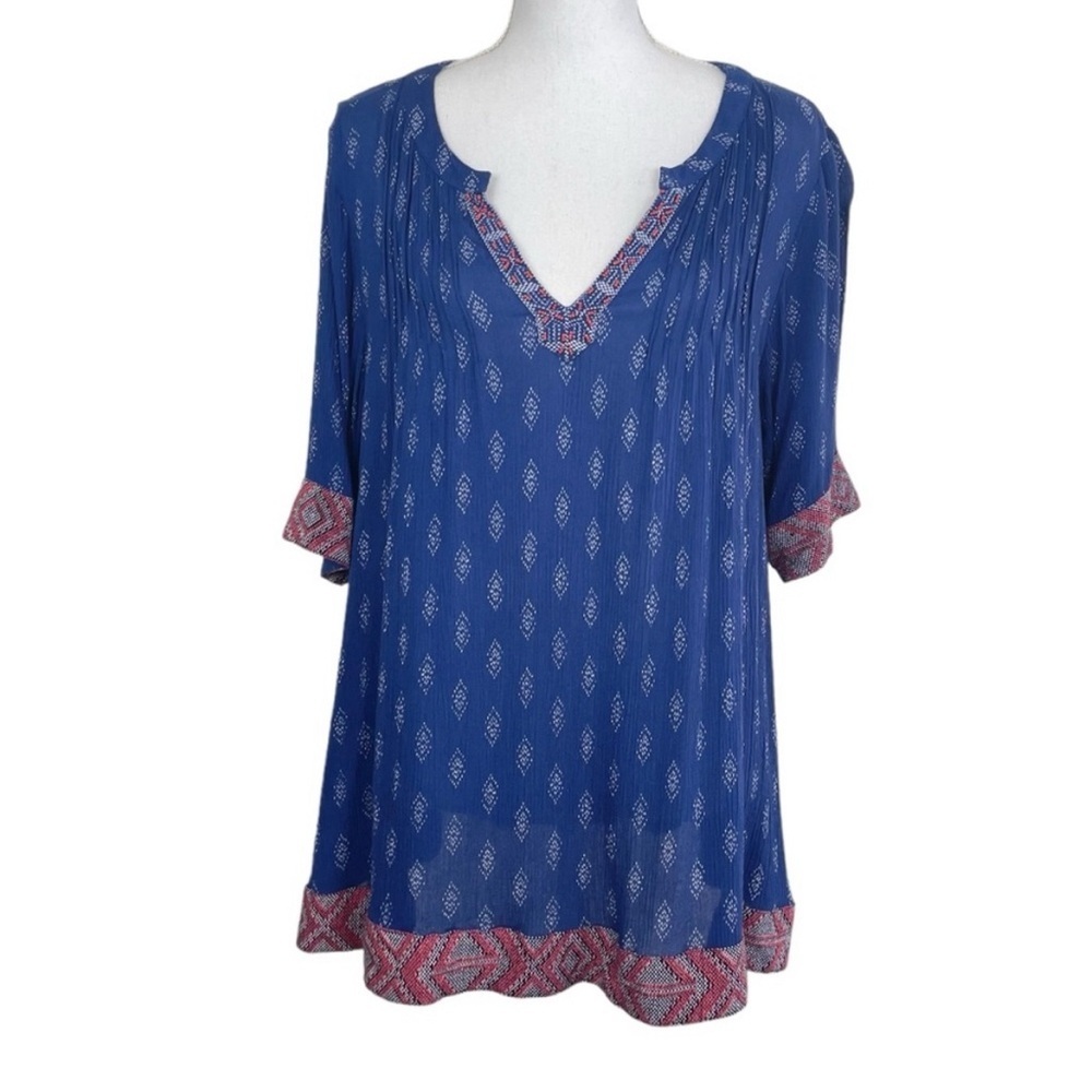 Sundance Efeite Blue/Orange Beads Stripes Boho Top